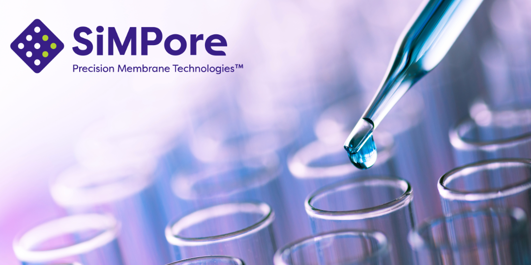 SiMPore logo beside a close-up of a laboratory pipette dispensing a blue liquid into glass test tubes